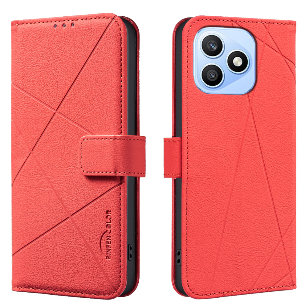 (Red) Phone Cover For Honor X8d 4G Case Bf35 Geometry Imprinted Leather Phone Cover Rfid Blocking Wallet Red 6914296146660