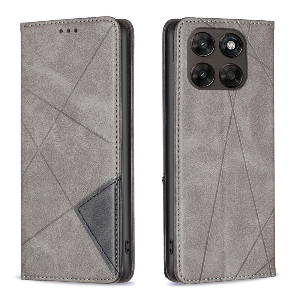 (Grey) Phone Cover For Motorola Moto G77 5G / Motorola Moto G67 5G Case Card Slots Geometry Imprint Leather Grey 6914298764381