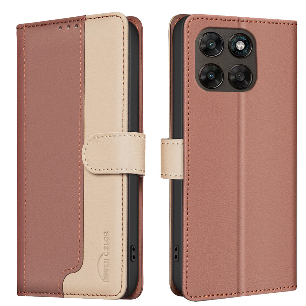 (Brown) Phone Cover For Motorola Moto G77 5G / Motorola Moto G67 5G Leather Case Splicing Color Rfid Blocki Brown 6914296987263