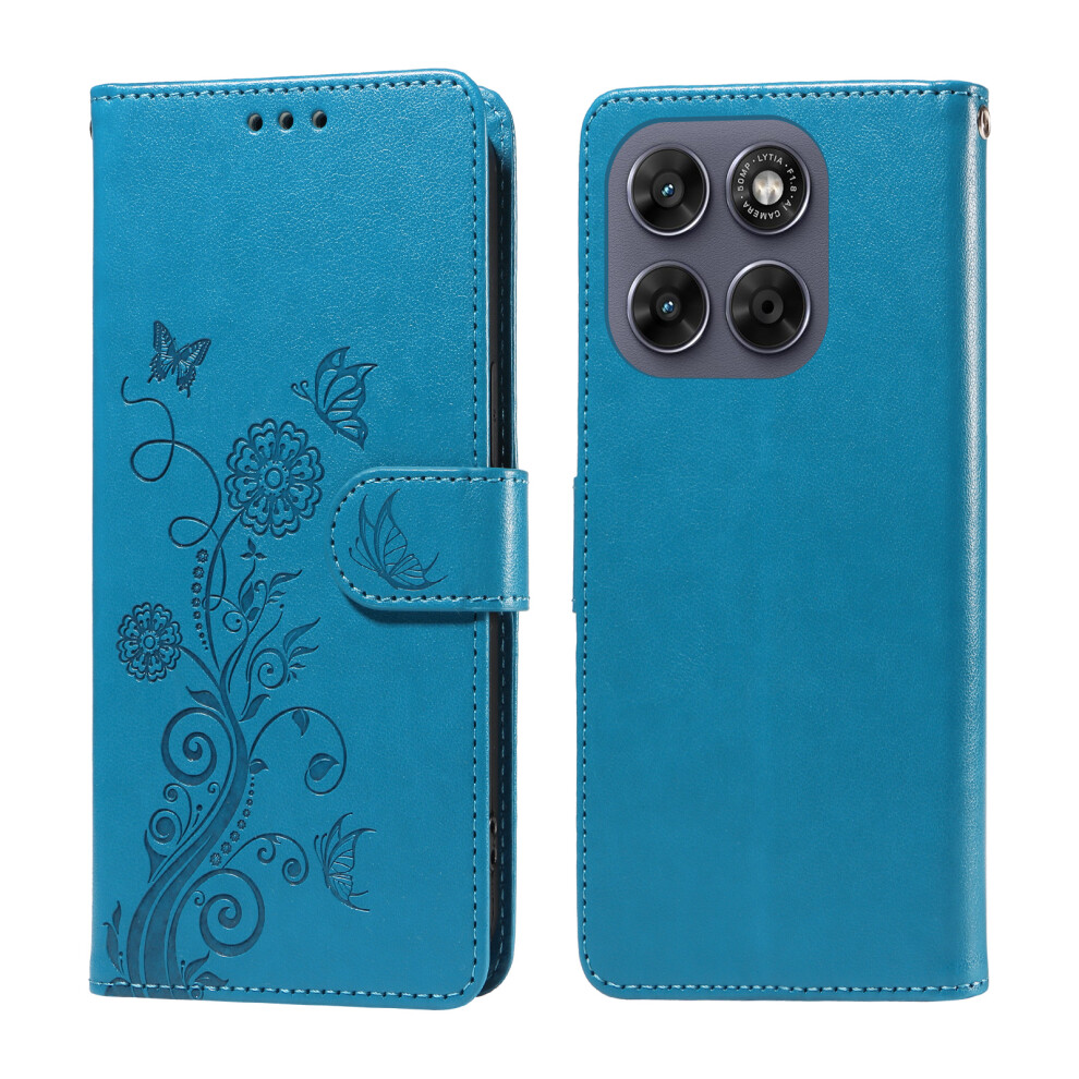 (Blue) Phone Cover For Motorola Moto G77 5G / Motorola Moto G67 5G Leather Case Butterfly Floral Imprint Wa Blue 6914291240400