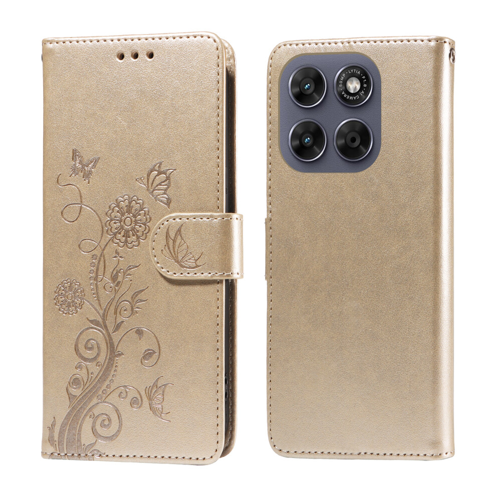(Golden) Phone Cover For Motorola Moto G77 5G / Motorola Moto G67 5G Leather Case Butterfly Floral Imprint Wa Golden 6914297253190