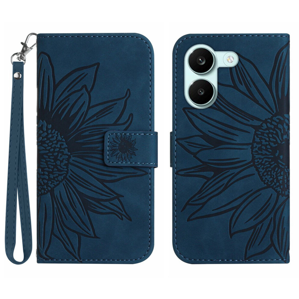 (Dark ) Phone Cover For Xiaomi Poco X8 Pro 5G Case Sunflower Imprint Leather Wallet Phone Cover With Wrist S Blue 6914298429822