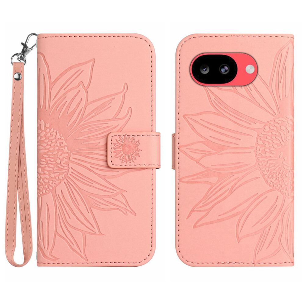 (Pink) Phone Cover For Google Pixel 10A Case Sunflower Imprint Leather Wallet Phone Cover With Wrist Strap Pink 6914295078849
