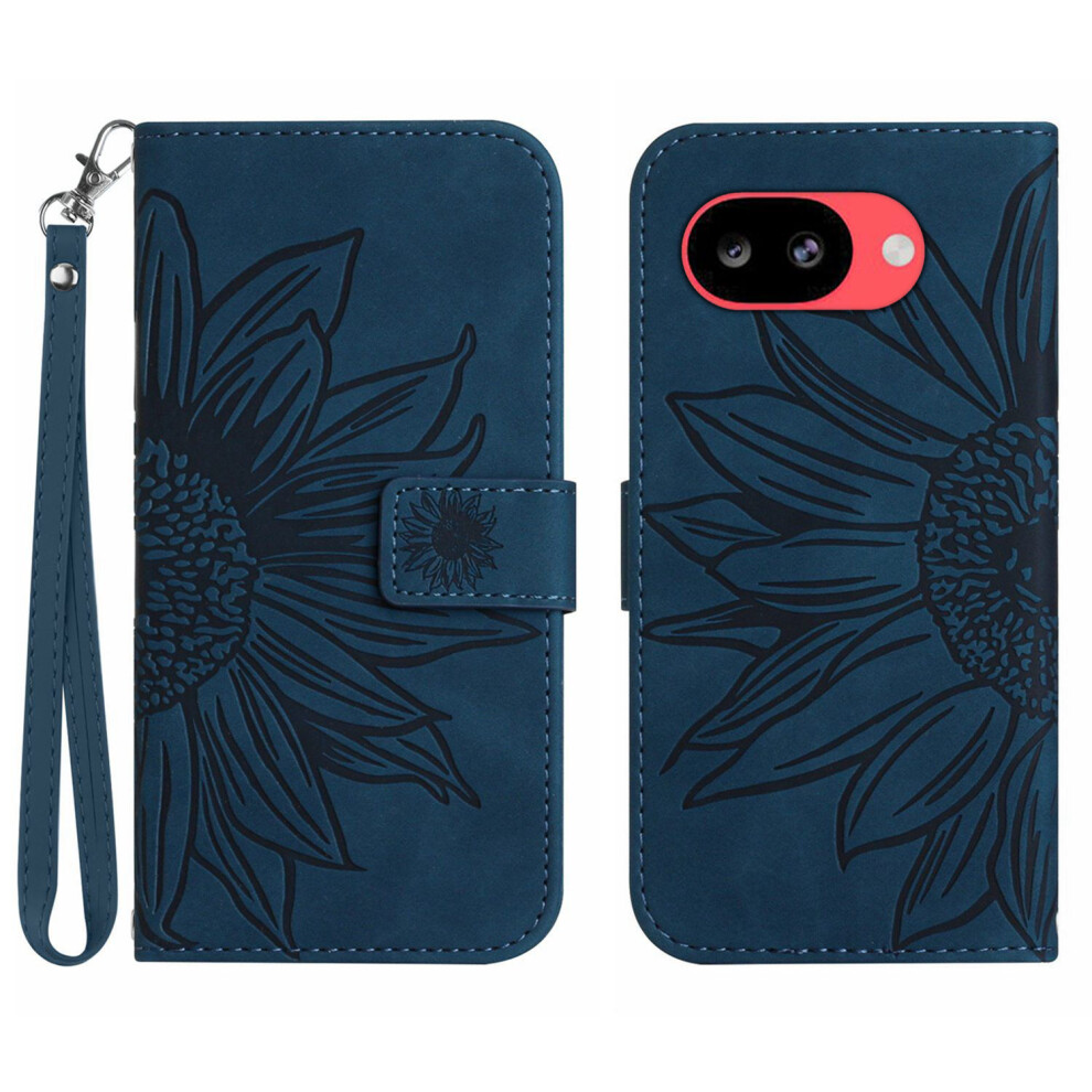 (Dark ) Phone Cover For Google Pixel 10A Case Sunflower Imprint Leather Wallet Phone Cover With Wrist Strap Blue 6914297030692