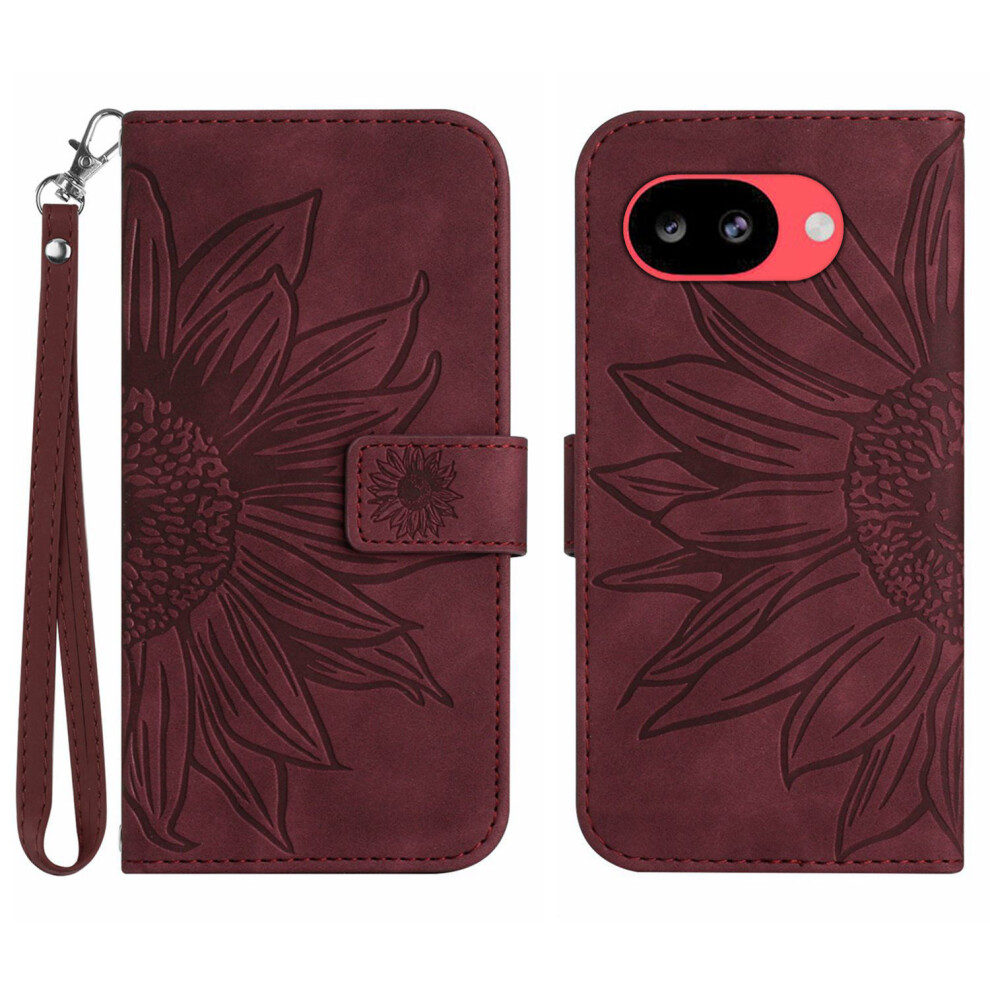 (Wine ) Phone Cover For Google Pixel 10A Case Sunflower Imprint Leather Wallet Phone Cover With Wrist Strap Red 6914299538943