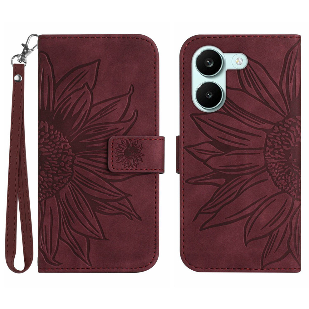 (Wine ) Phone Cover For Xiaomi Poco X8 Pro 5G Case Sunflower Imprint Leather Wallet Phone Cover With Wrist S Red 6914294302969