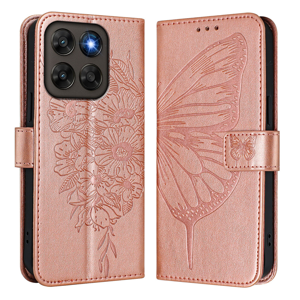 (Rose ) Phone Cover For Motorola Moto G77 5G / Motorola Moto G67 5G Wallet Case With Wrist Strap Butterfly I Gold 6914299245872