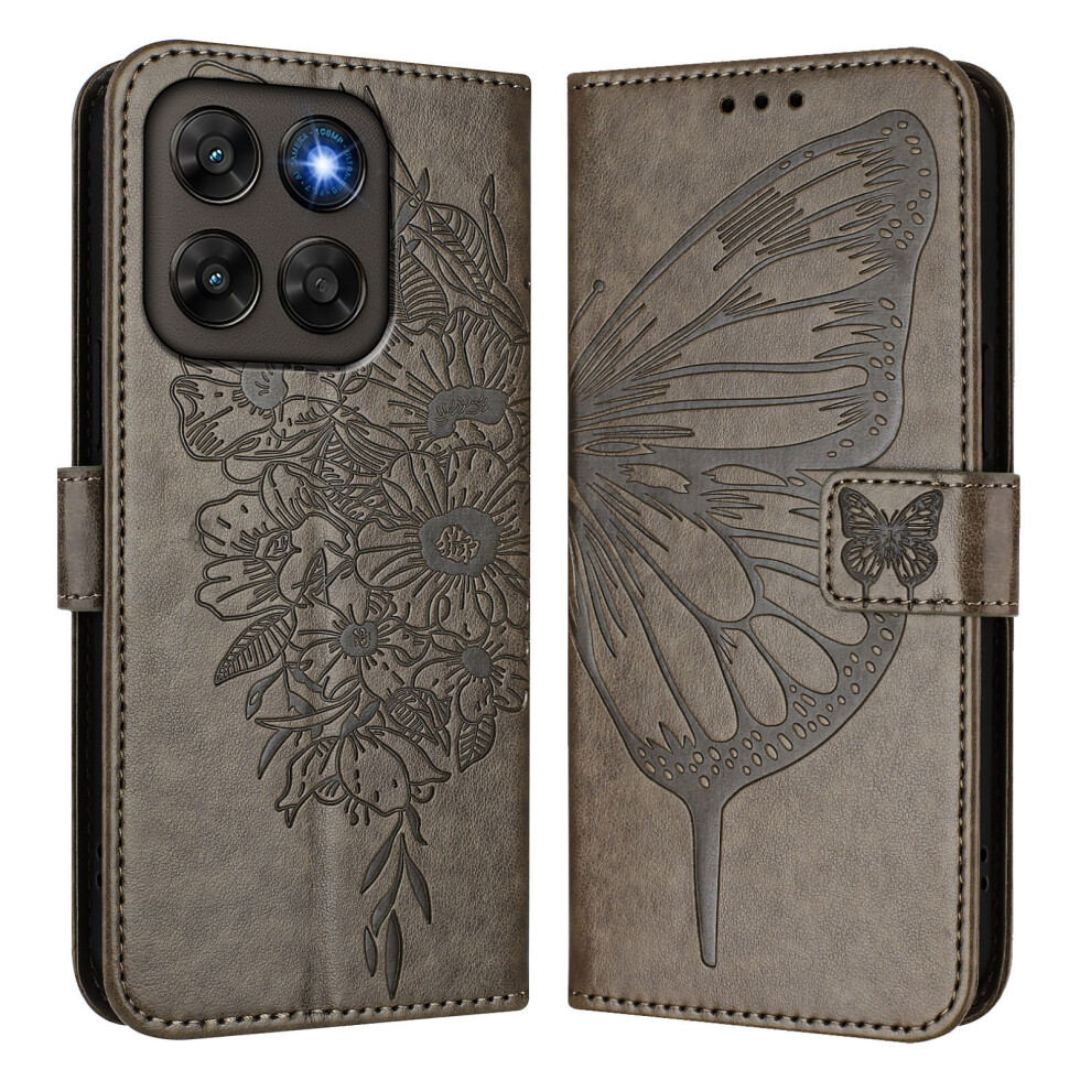 (Grey) Phone Cover For Motorola Moto G77 5G / Motorola Moto G67 5G Wallet Case With Wrist Strap Butterfly I Grey 6914292060762
