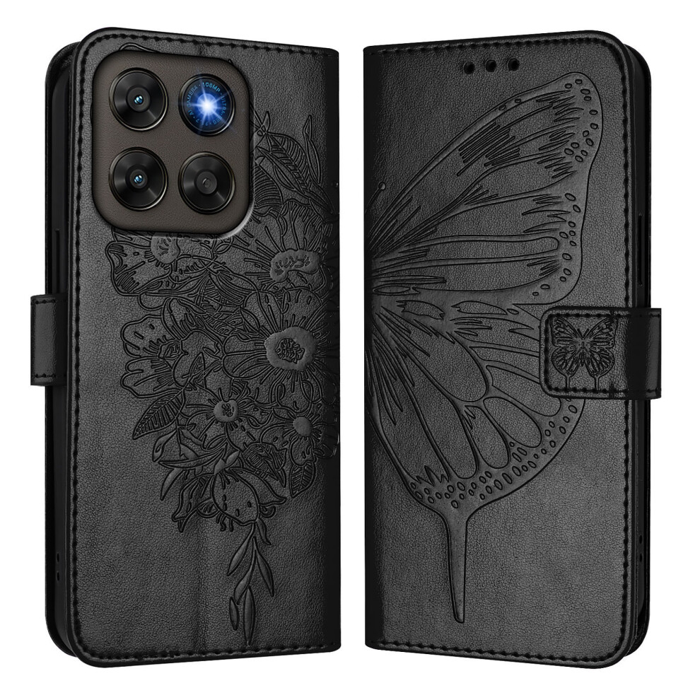 (Black) Phone Cover For Motorola Moto G77 5G / Motorola Moto G67 5G Wallet Case With Wrist Strap Butterfly I Black 6914295932158