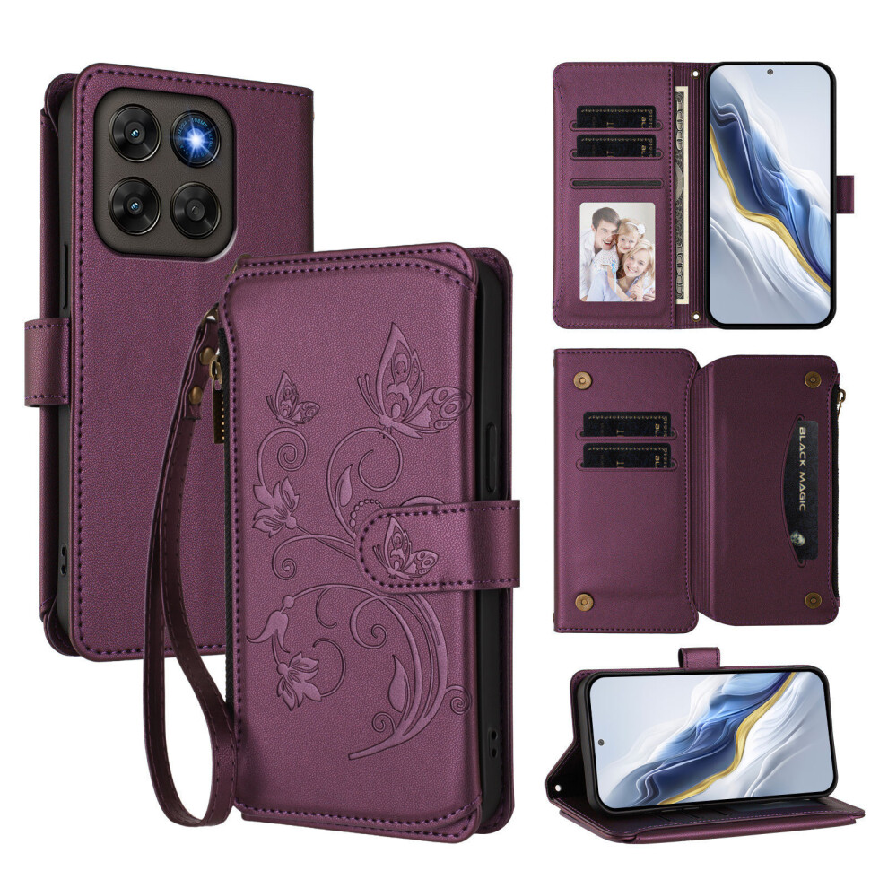 (Purple) Phone Cover For Motorola Moto G77 5G / Motorola Moto G67 5G Leather Case Butterfly Floral Imprint Zi Purple 6914297920818