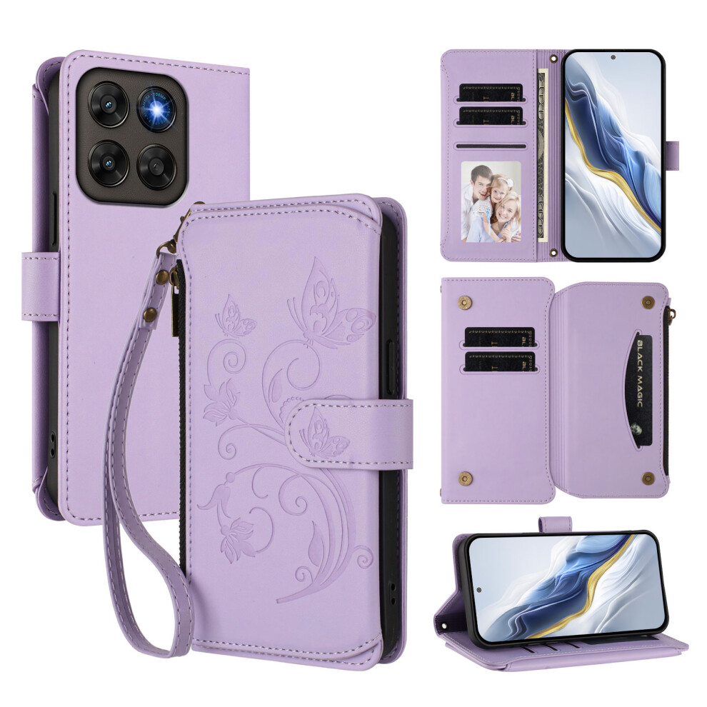 (Light ) Phone Cover For Motorola Moto G77 5G / Motorola Moto G67 5G Leather Case Butterfly Floral Imprint Zi Purple 6914291546977