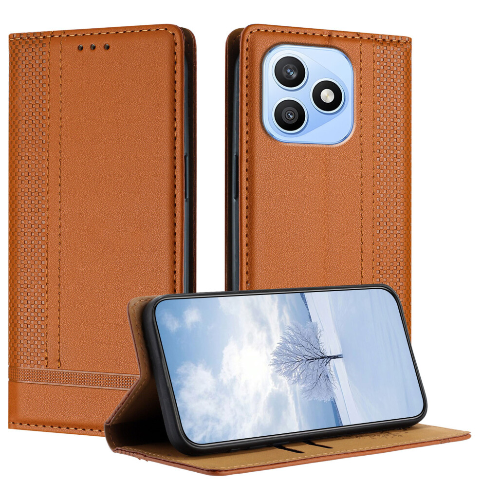 (Brown) Phone Cover For Honor X8d 4G Case L-Shaped Grid Pattern Leather Stand Phone Cover With Card Slots Brown 6914296084313