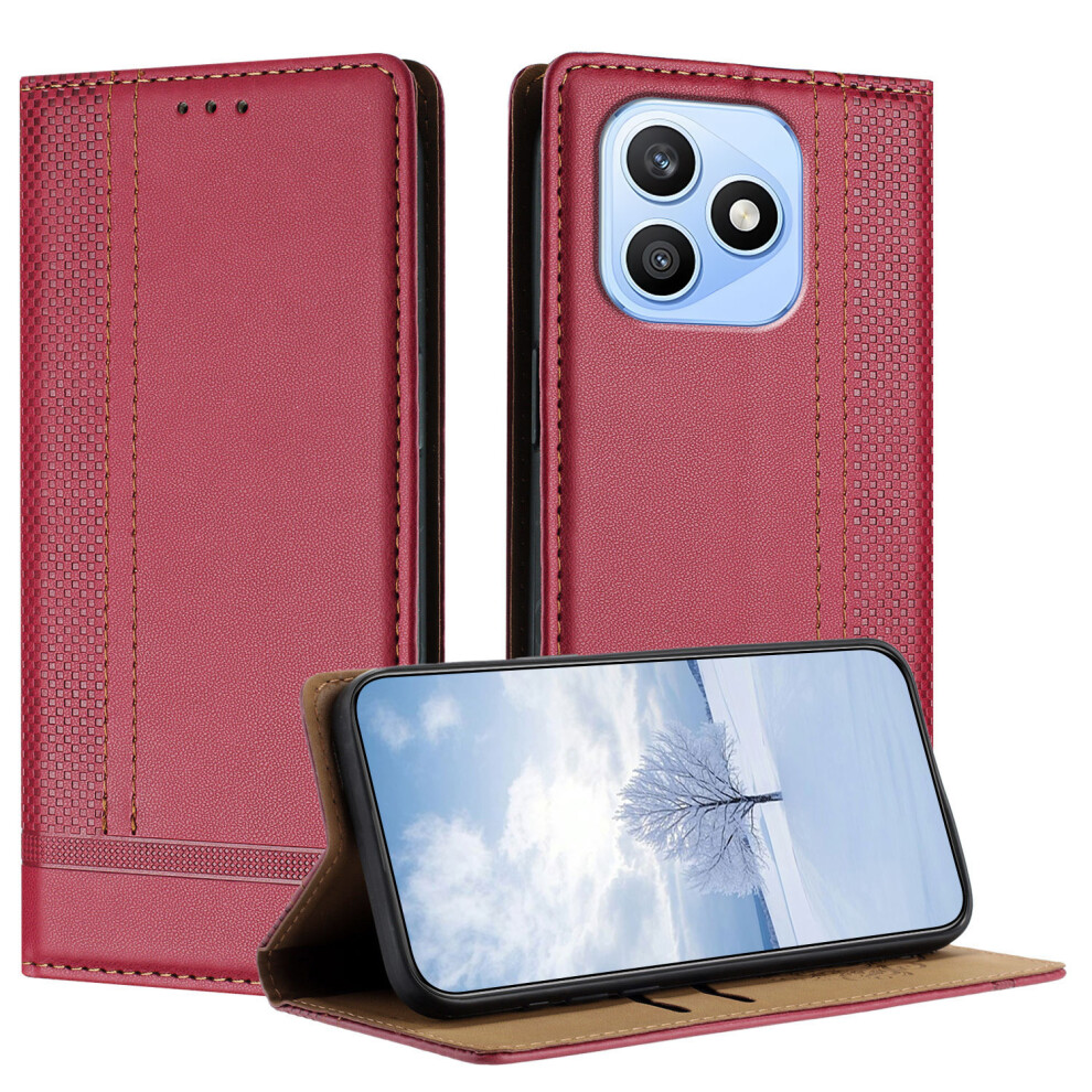 (Red) Phone Cover For Honor X8d 4G Case L-Shaped Grid Pattern Leather Stand Phone Cover With Card Slots Red 6914295181099