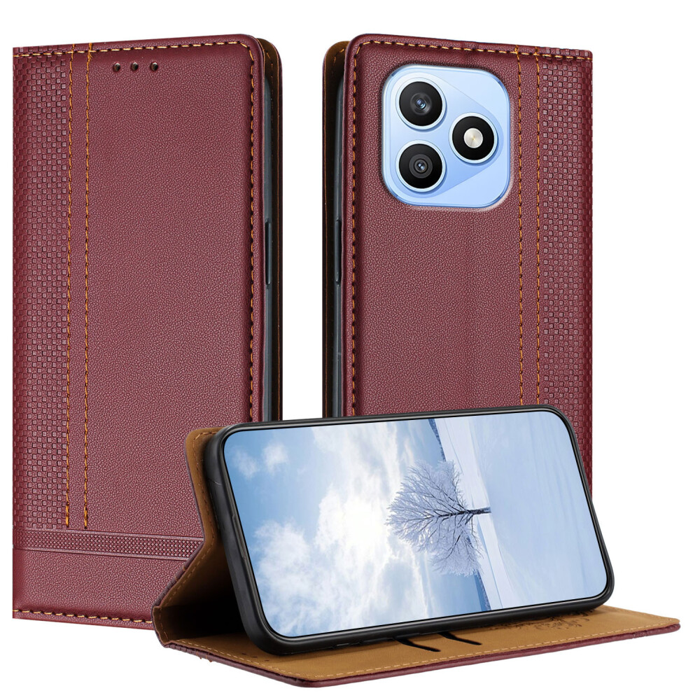 (Wine ) Phone Cover For Honor X8d 4G Case L-Shaped Grid Pattern Leather Stand Phone Cover With Card Slots Red 6914293705440