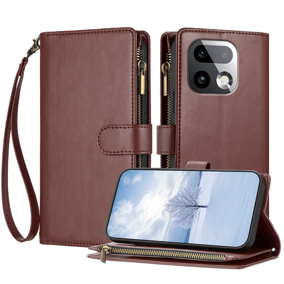 (Brown) Phone Cover For Realme 16 Pro+ 5G Leather Case Zipper Wallet Stand Shockproof Phone Cover With Wrist Brown 6914294208919