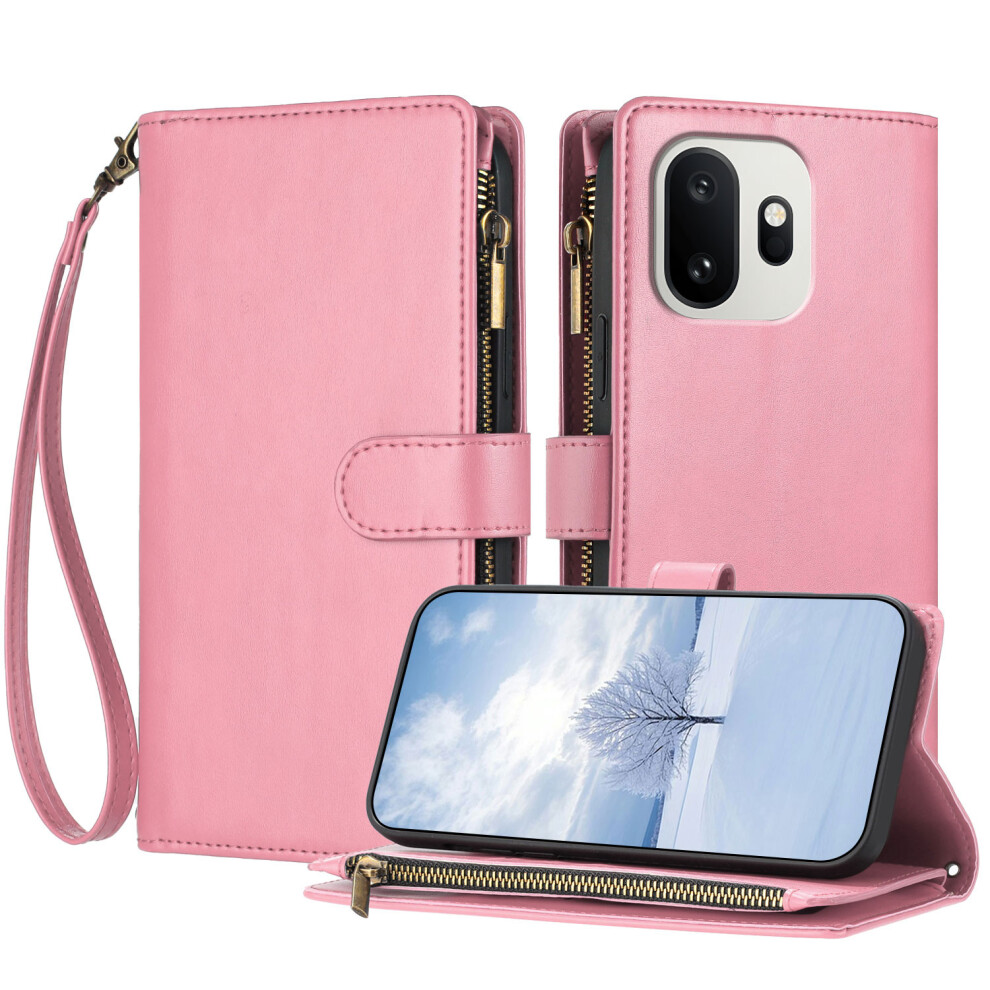 (Pink) Phone Cover For Oneplus 15T 5G Leather Case Zipper Wallet Stand Shockproof Phone Cover With Wrist St Pink 6914295502153
