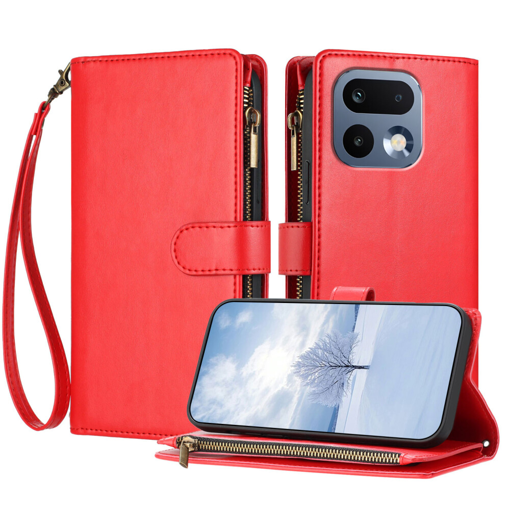 (Red) Phone Cover For Realme 16 Pro 5G Leather Case Zipper Wallet Stand Shockproof Phone Cover With Wrist Red 6914296160758