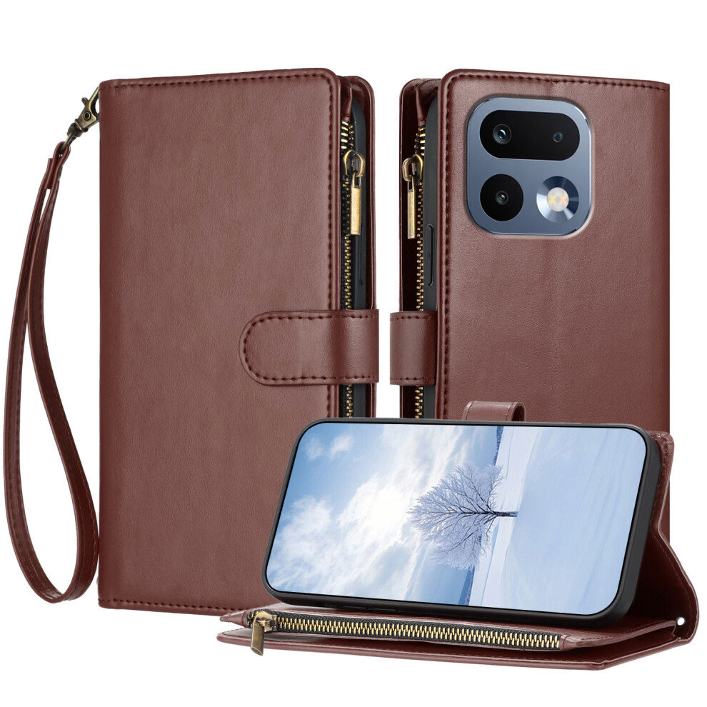 (Brown) Phone Cover For Realme 16 Pro 5G Leather Case Zipper Wallet Stand Shockproof Phone Cover With Wrist Brown 6914293652508
