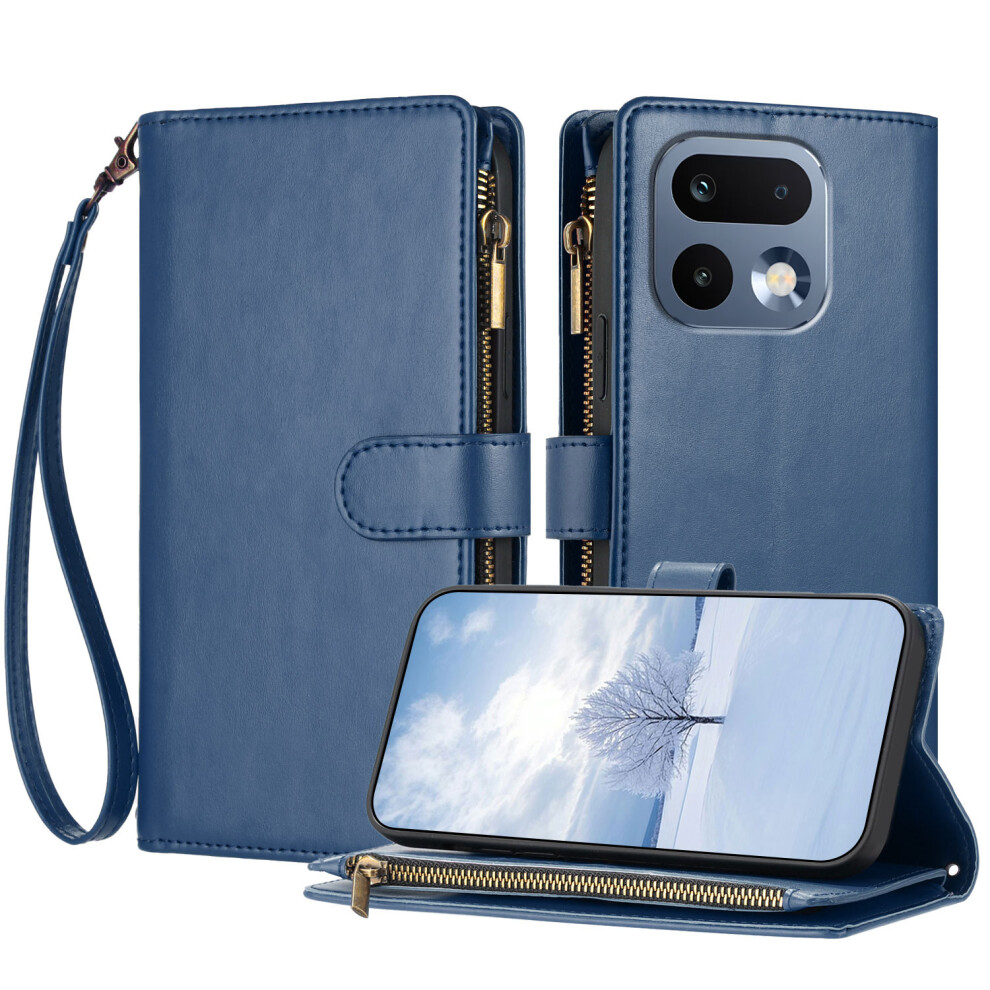 (Blue) Phone Cover For Realme 16 Pro 5G Leather Case Zipper Wallet Stand Shockproof Phone Cover With Wrist Blue 6914299097037