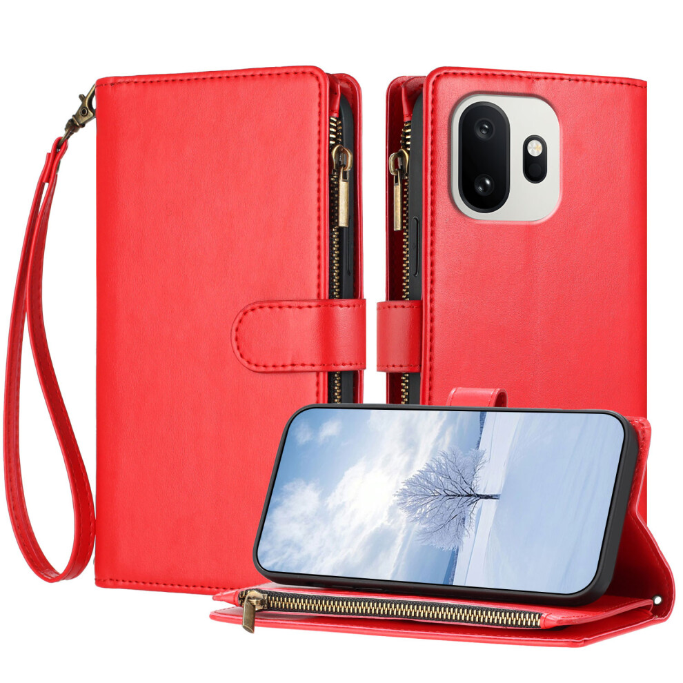 (Red) Phone Cover For Oneplus 15T 5G Leather Case Zipper Wallet Stand Shockproof Phone Cover With Wrist St Red 6914294862029