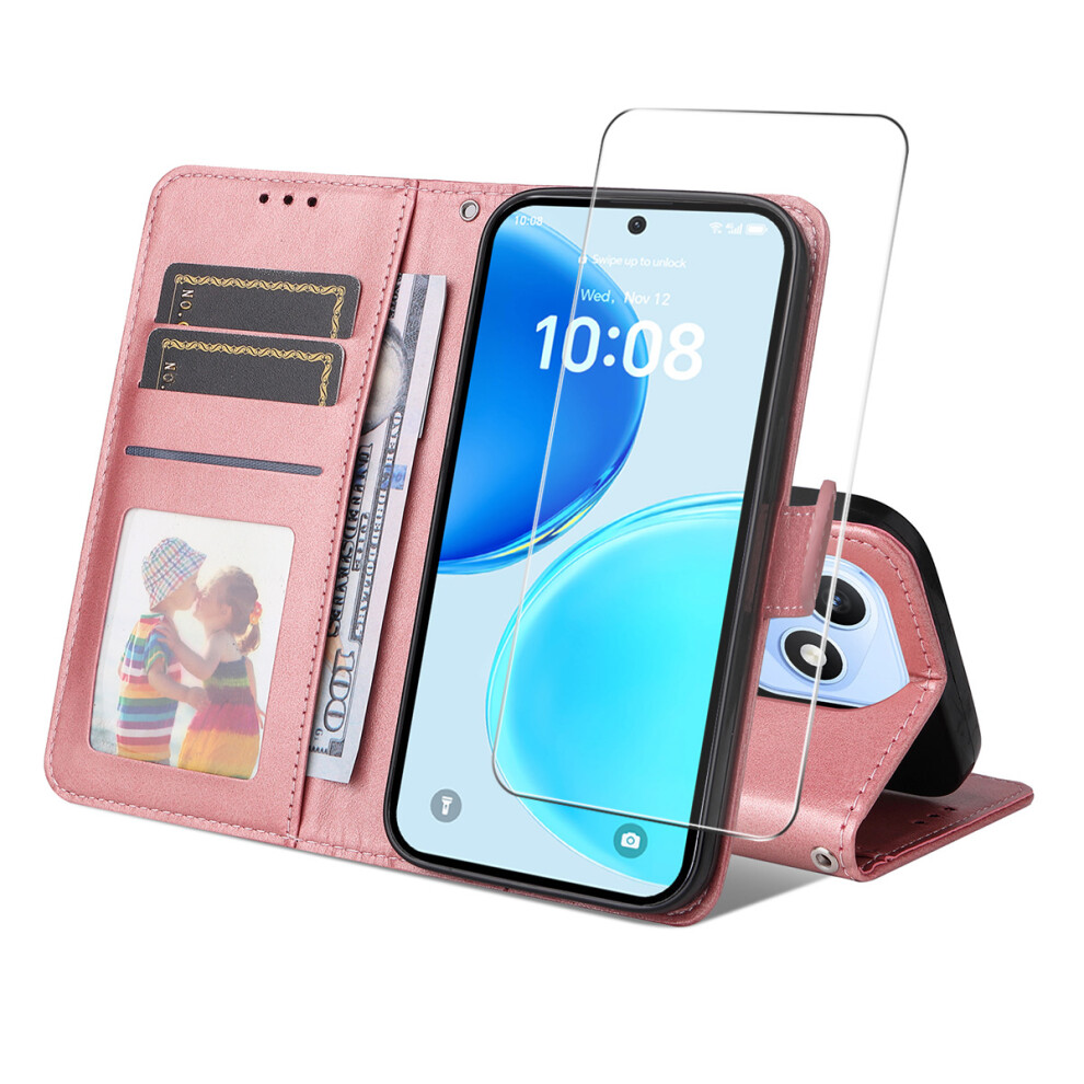 (Pink) Phone Cover For Honor X8d 4G Pu Leather Wallet Case Phone Stand Cover With 9H Tempered Glass Pink 6914290230198