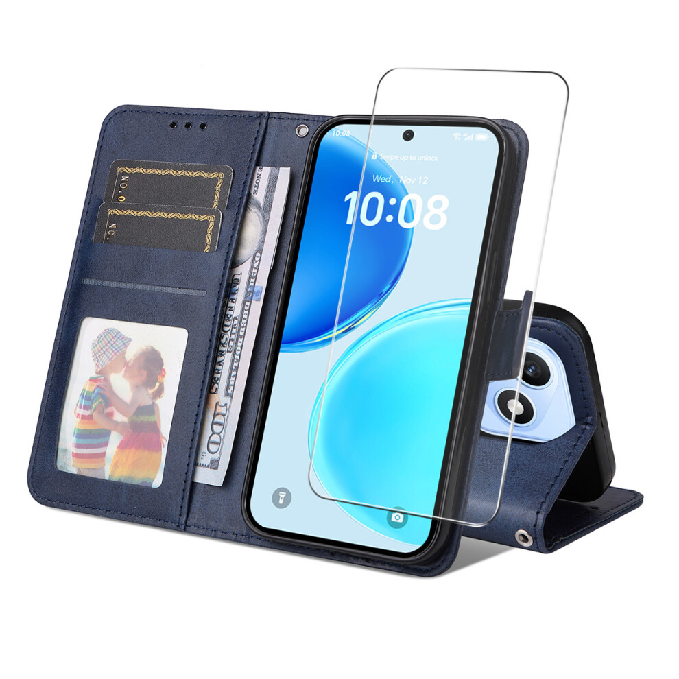 (Blue) Phone Cover For Honor X8d 4G Pu Leather Wallet Case Phone Stand Cover With 9H Tempered Glass Blue 6914295397384