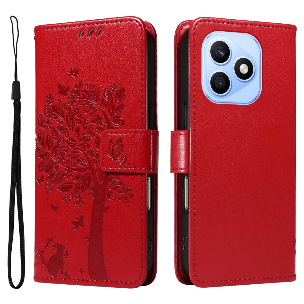 (Red) Phone Cover For Honor X8d 4G Phone Case With Stand Cat Tree Pattern Leather Wallet Mobile Cover Red 6914293413307