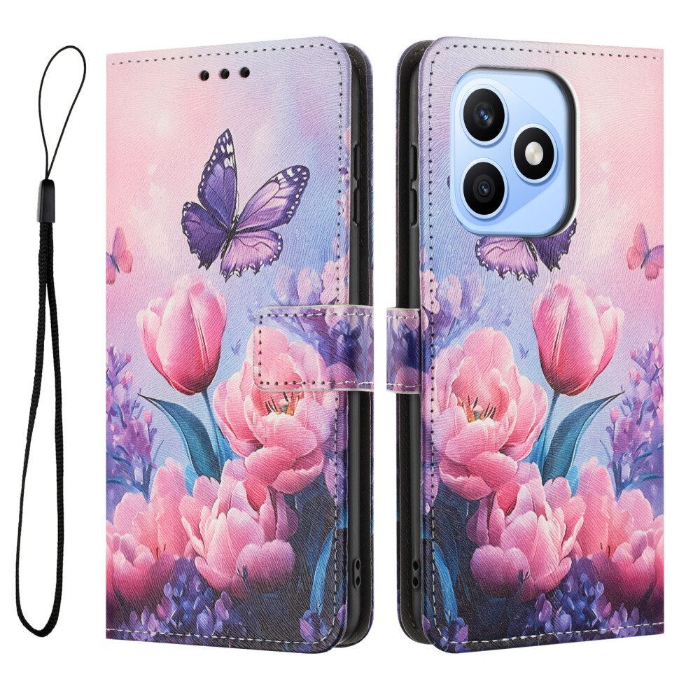 ( Flower Butterfly) Phone Cover For Honor X8d 4G Wallet Case Pattern Printing Pu Leather Phone Cover With Lanyard Pink 6914295217484