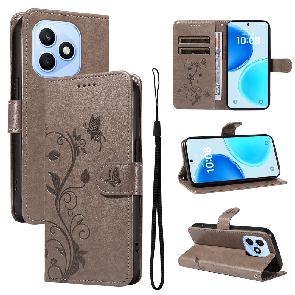 (Grey) Phone Cover For Honor X8d 4G Pu Leather Cases Flower Pattern Wallet Stand Phone Cover With Strap Grey 6914296821505