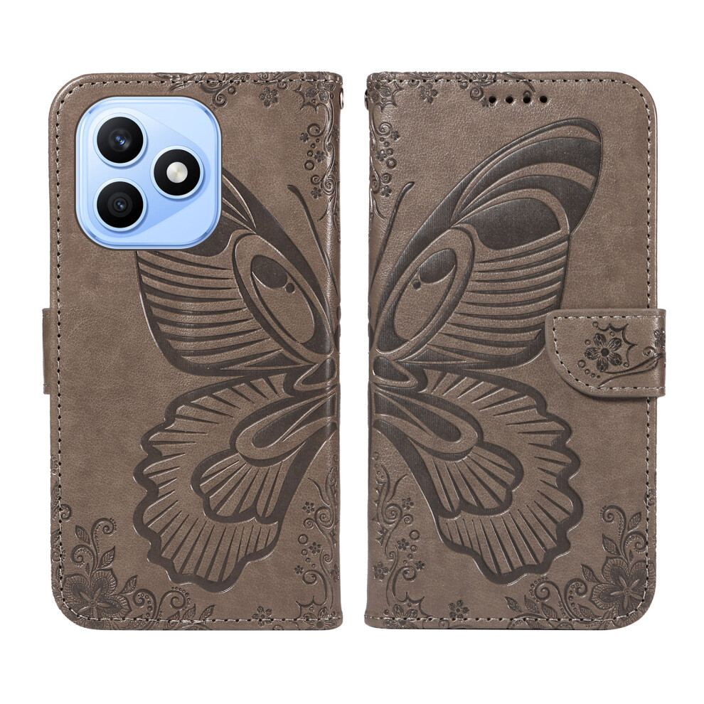 (Grey) Phone Cover For Honor X8d 4G Case Butterfly Pattern Pu Leather Folio Flip Phone Cover Grey 6914298237625