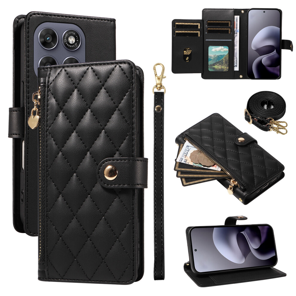 (Black) Phone Cover For Motorola Moto G77 5G / Motorola Moto G67 5G Wallet Case Rhombus Leather Phone Cover Black 6914298324585