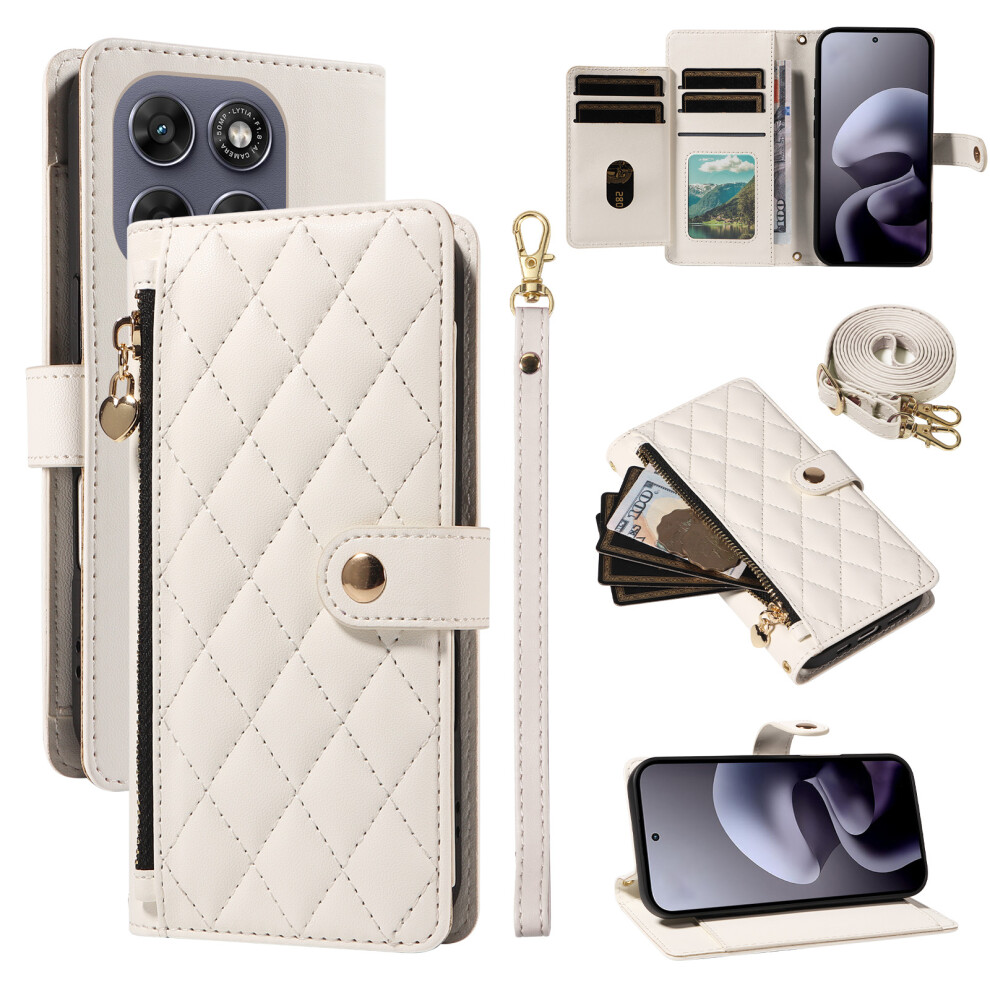(White) Phone Cover For Motorola Moto G77 5G / Motorola Moto G67 5G Wallet Case Rhombus Leather Phone Cover White 6914290787715