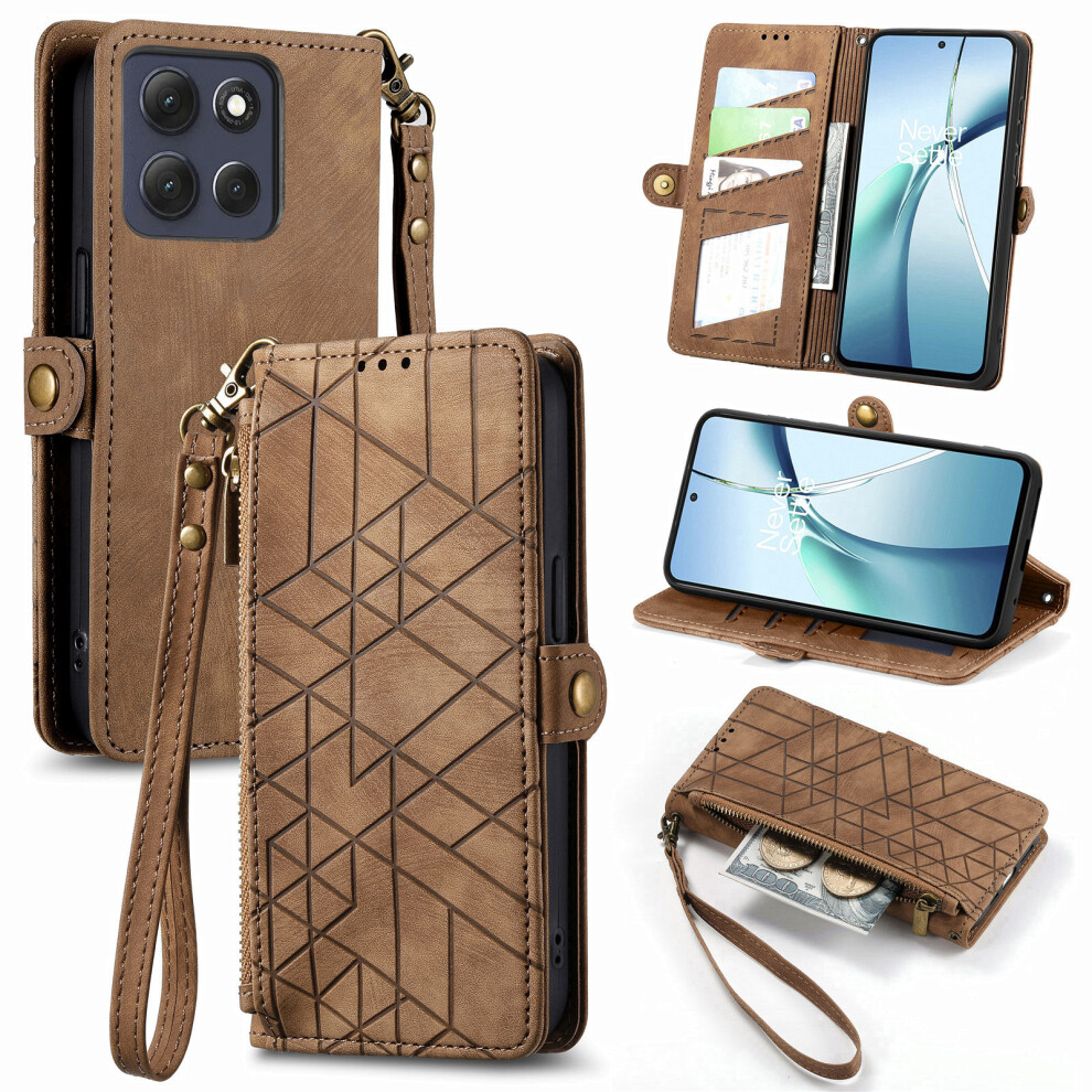 (Brown) Phone Cover For Motorola Moto G17 Power 4G / G17 4G / G15 4G / G15 Power 4G Zipper Wallet Case Geome Brown 6914295933339