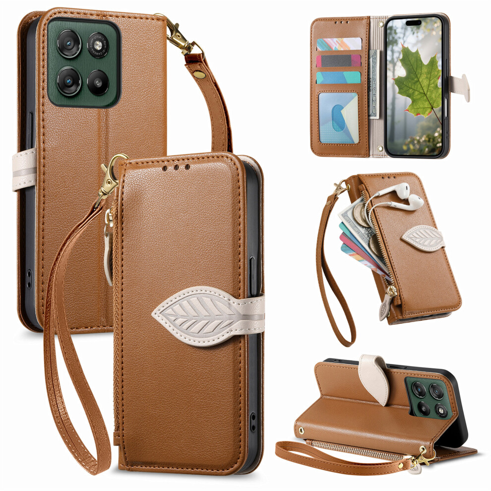 (Brown) Phone Cover For Motorola Moto G67 5G / G77 5G Stand Case Leaf Shape Magnetic Clasp Leather Phone Cov Brown 6914291942533