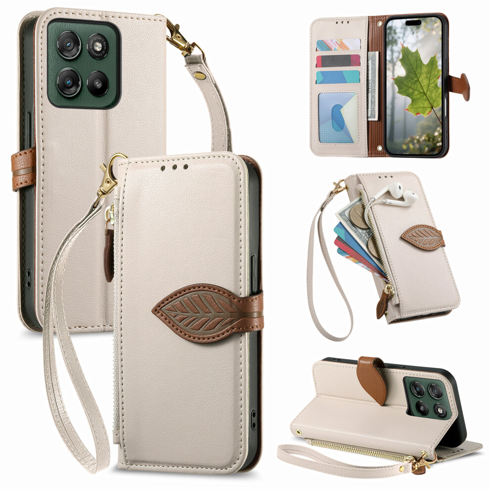 (Beige) Phone Cover For Motorola Moto G67 5G / G77 5G Stand Case Leaf Shape Magnetic Clasp Leather Phone Cov Cream 6914290909285