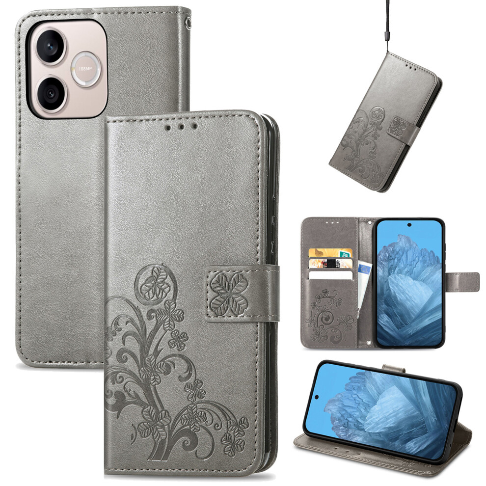 (Grey) Phone Cover For Honor 600 Lite 5G Leather Case Four-Leaf Clover Wallet Phone Cover Grey 6914293026422