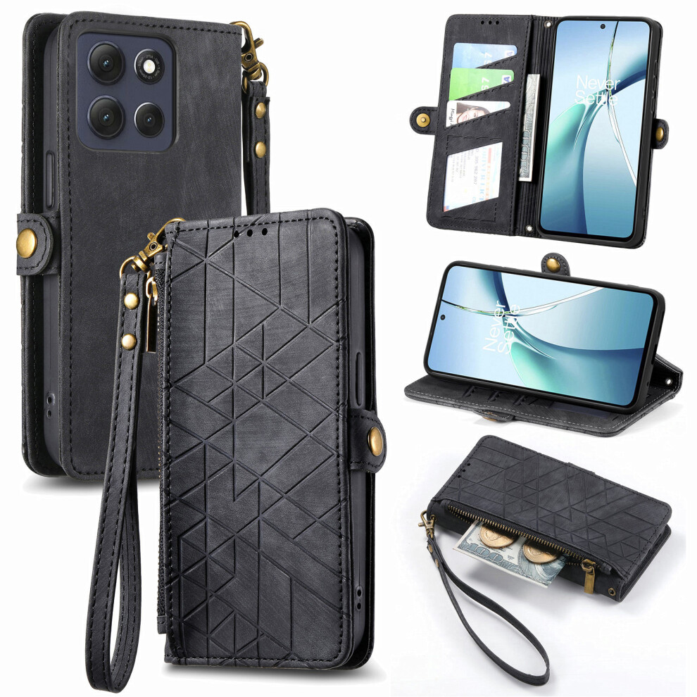 (Black) Phone Cover For Motorola Moto G67 5G / G77 5G Zipper Wallet Case Geometry Lines Leather Phone Cover Black 6914298782712