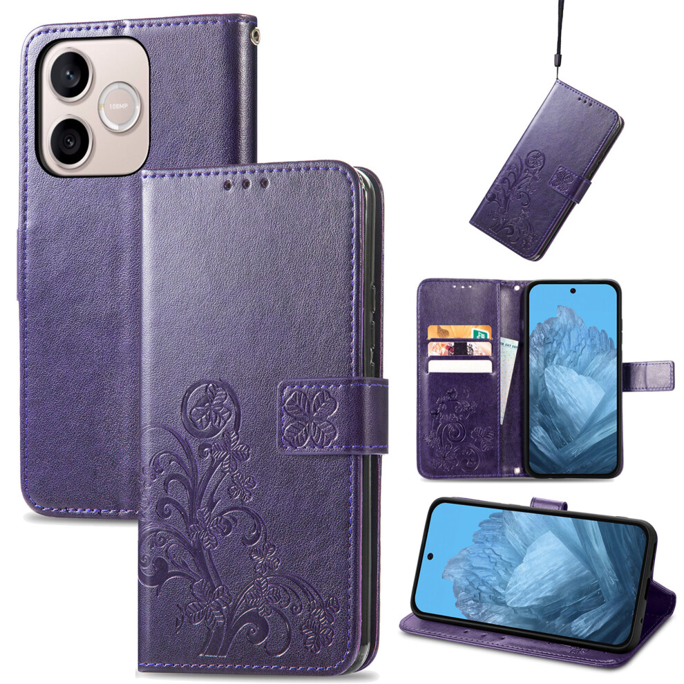 (Purple) Phone Cover For Honor 600 Lite 5G Leather Case Four-Leaf Clover Wallet Phone Cover Purple 6914297528977