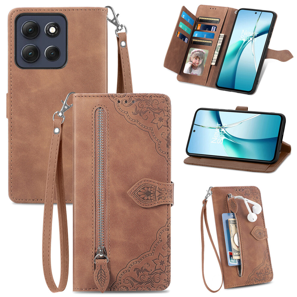 (Brown) Phone Cover For Motorola Moto G17 Power 4G / G17 4G / G15 4G / G15 Power 4G Zipper Wallet Case With Brown 6914296242225