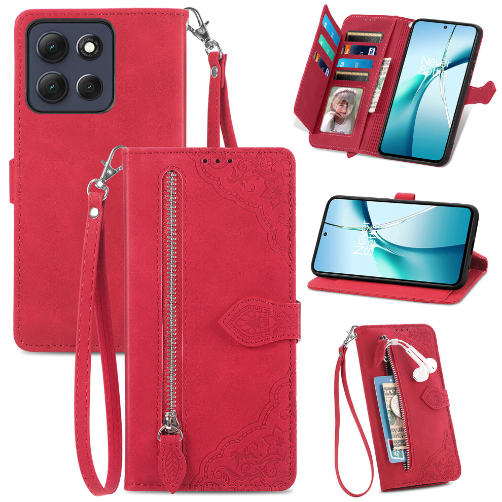 (Red) Phone Cover For Motorola Moto G17 Power 4G / G17 4G / G15 4G / G15 Power 4G Zipper Wallet Case With Red 6914291782122
