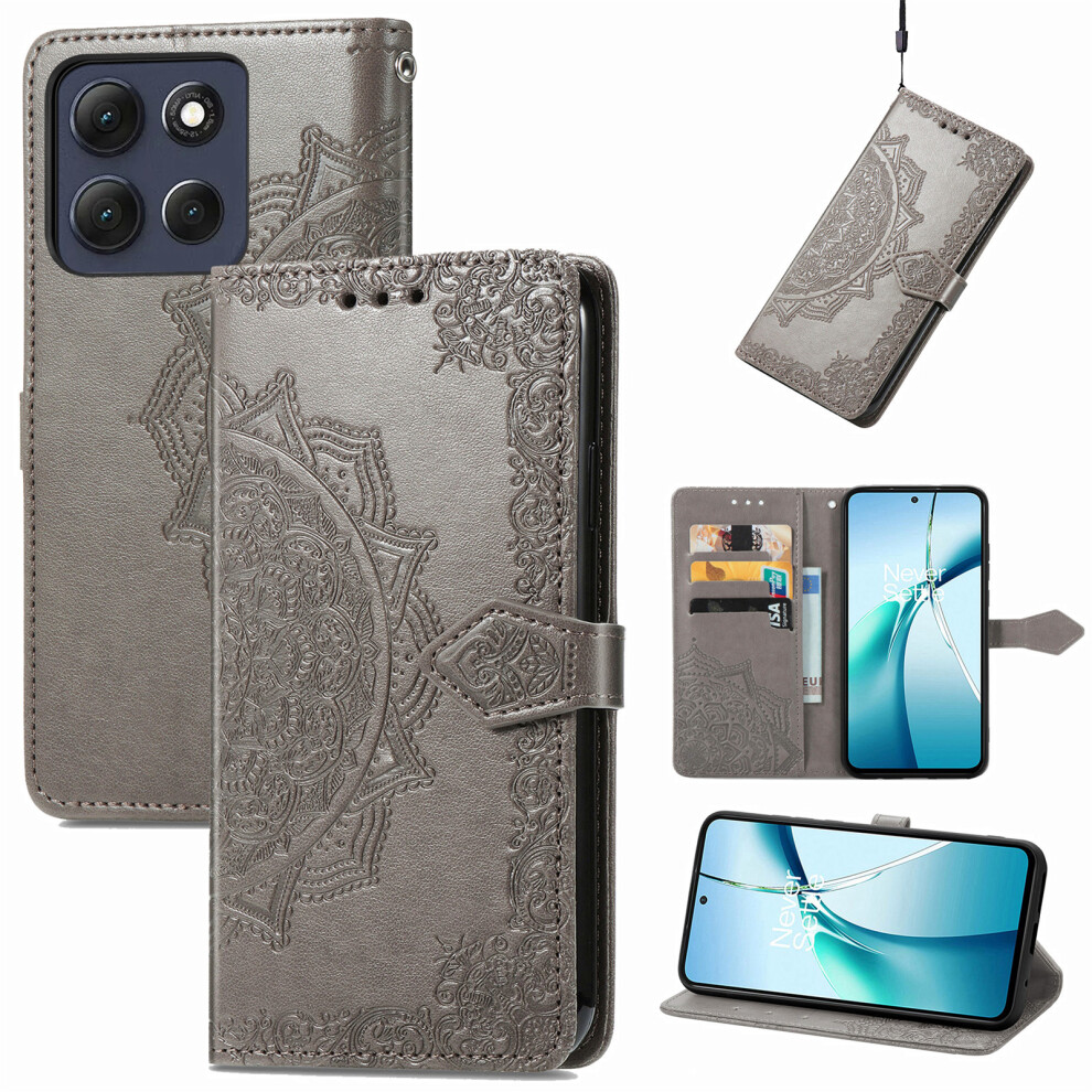 (Grey) Phone Cover For Motorola Moto G67 5G / G77 5G Wallet Case Mandala Flower Leather Phone Cover Stand Grey 6914299625667