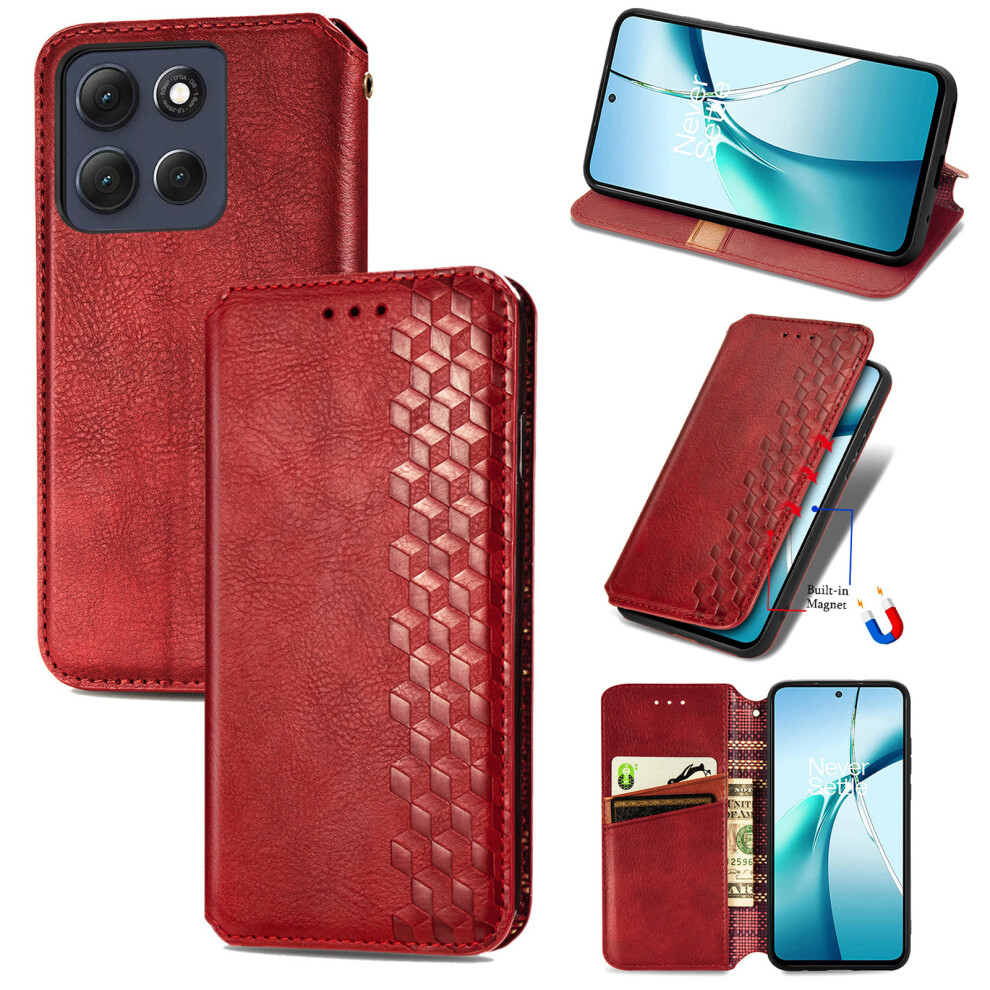 (Red) Phone Cover For Motorola Moto G67 5G / G77 5G Case Rhombus Imprint Pu Leather Wallet Phone Cover Red 6914292163807