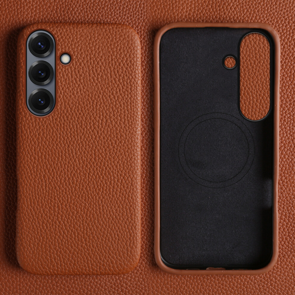 (Brown) Phone Cover For Samsung Galaxy S25 Fe Magnetic Case Litchi Texture Genuine Cow Leather + Pc Phone Co Brown 6914295001533