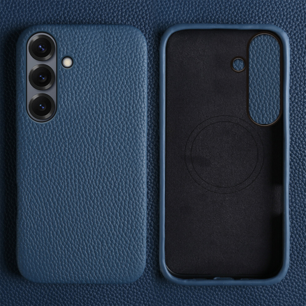 (Blue) Phone Cover For Samsung Galaxy S25 Fe Magnetic Case Litchi Texture Genuine Cow Leather + Pc Phone Co Blue 6914299406495