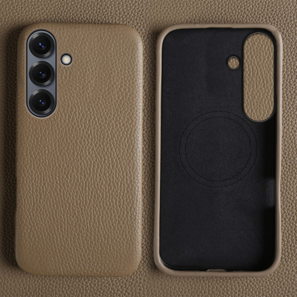 (Khaki) Phone Cover For Samsung Galaxy S25 Fe Magnetic Case Litchi Texture Genuine Cow Leather + Pc Phone Co 6914290531875