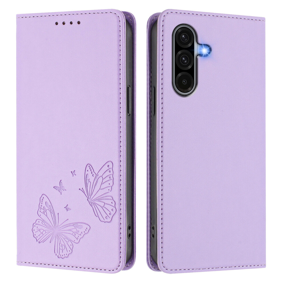 (Light ) Phone Cover For Samsung Galaxy A36 5G / Galaxy A56 5G Wallet Case Rfid Blocking Butterfly Imprinted Purple 6914291842482