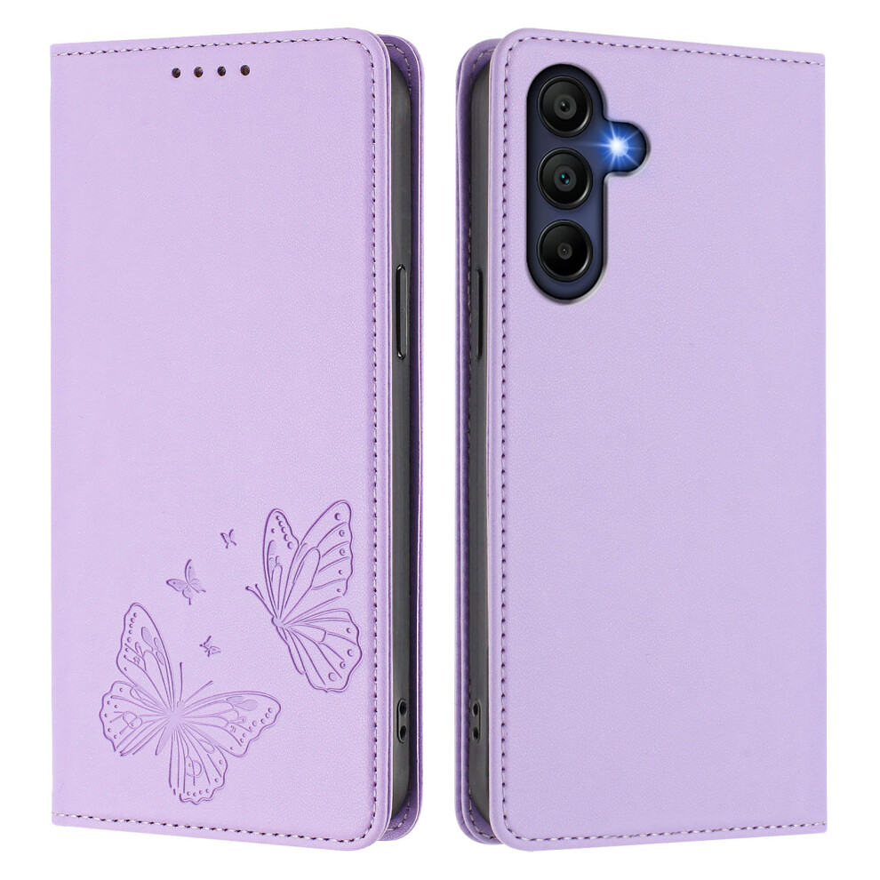 (Light ) Phone Cover For Samsung Galaxy A16 4G / Galaxy A16 5G Wallet Case Rfid Blocking Butterfly Imprinted Purple 6914292657078