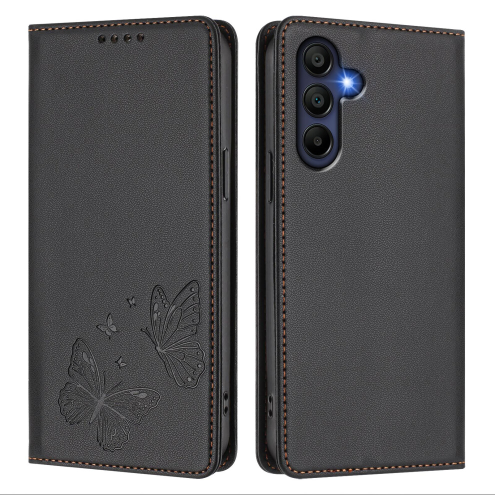 (Black) Phone Cover For Samsung Galaxy A16 4G / Galaxy A16 5G Wallet Case Rfid Blocking Butterfly Imprinted Black 6914291206123