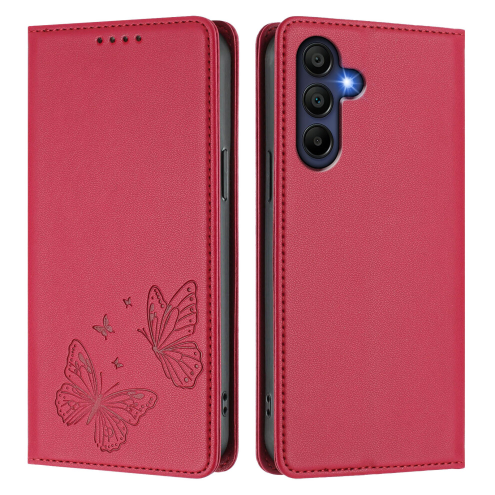 (Red) Phone Cover For Samsung Galaxy A16 4G / Galaxy A16 5G Wallet Case Rfid Blocking Butterfly Imprinted Red 6914290887941