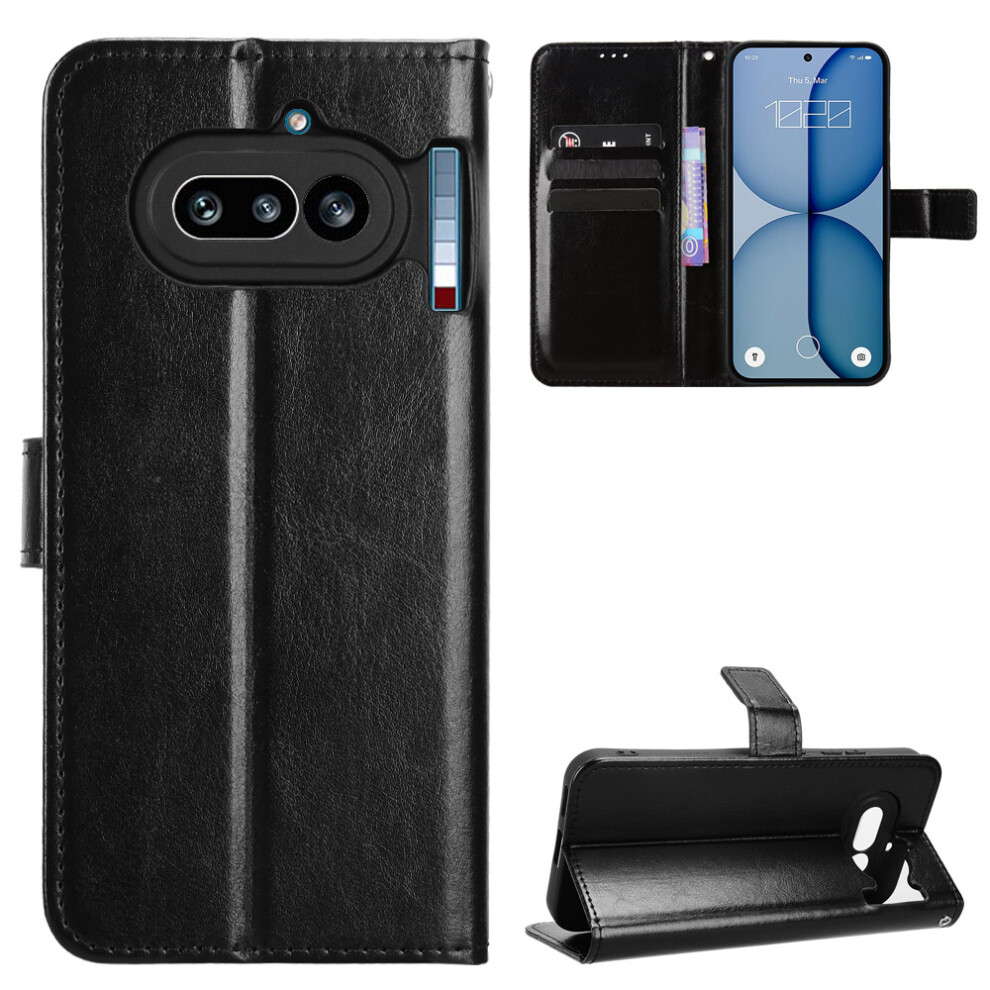 (Black) Phone Cover For Nothing Phone (4A) Pu Leather Case With Strap Crazy Horse Texture Phone Wallet Cover Black 6914293074300